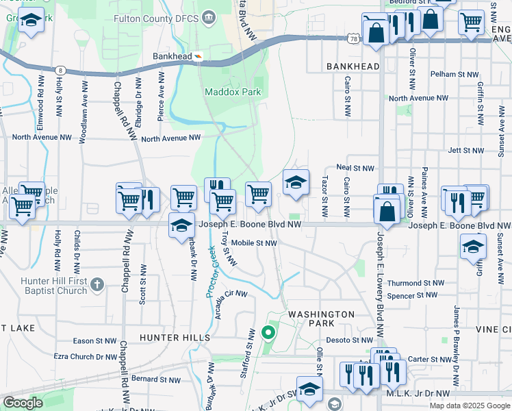 map of restaurants, bars, coffee shops, grocery stores, and more near 1155 Joseph E. Boone Boulevard Northwest in Atlanta