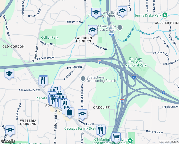 map of restaurants, bars, coffee shops, grocery stores, and more near 3387 Lake Valley Road Northwest in Atlanta