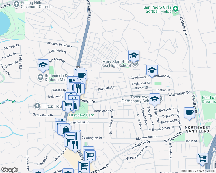 map of restaurants, bars, coffee shops, grocery stores, and more near 1615 Dalmatia Drive in Los Angeles