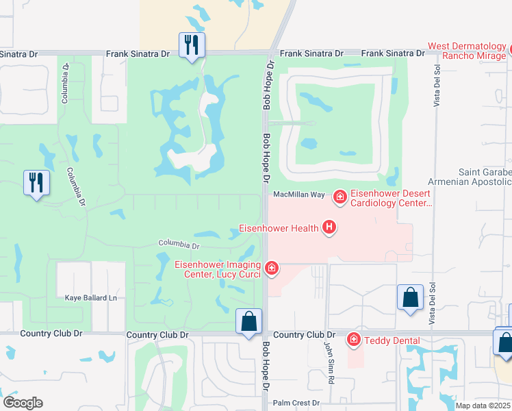 map of restaurants, bars, coffee shops, grocery stores, and more near 8 Stanford Drive in Rancho Mirage