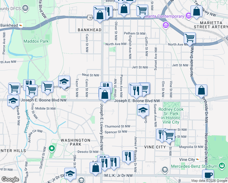 map of restaurants, bars, coffee shops, grocery stores, and more near 857 Proctor Street Northwest in Atlanta