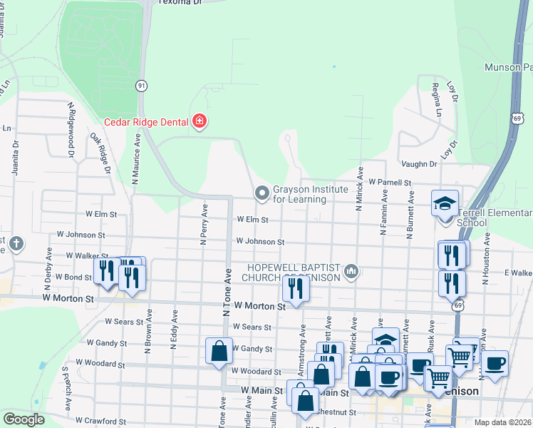 map of restaurants, bars, coffee shops, grocery stores, and more near 930 Martin Luther King Street in Denison