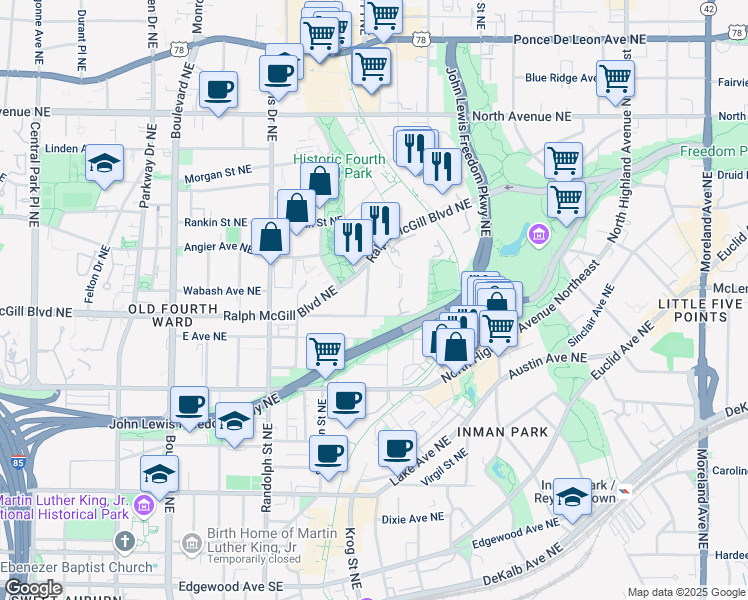 map of restaurants, bars, coffee shops, grocery stores, and more near 367 Ashley Avenue Northeast in Atlanta