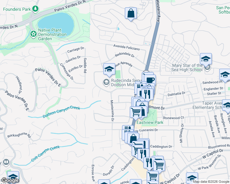 map of restaurants, bars, coffee shops, grocery stores, and more near 1938 Avenida Estudiante in Rancho Palos Verdes