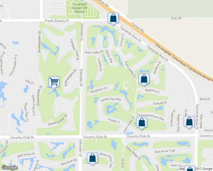map of restaurants, bars, coffee shops, grocery stores, and more near 76198 Impatiens Circle in Palm Desert