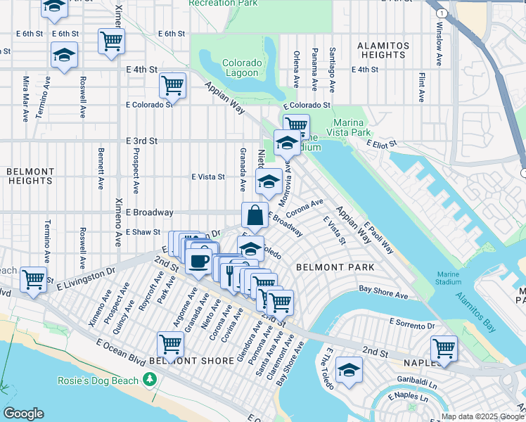 map of restaurants, bars, coffee shops, grocery stores, and more near 5201 East Broadway in Long Beach