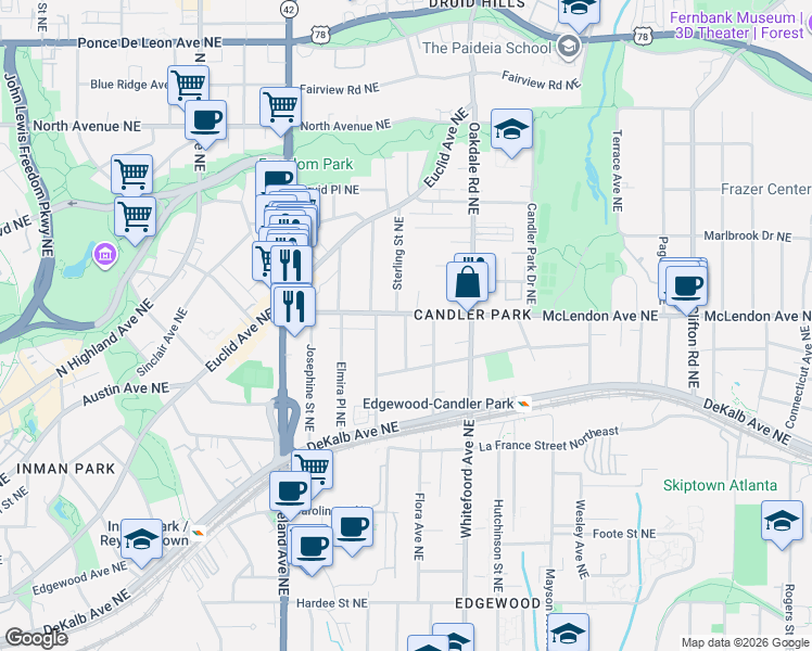 map of restaurants, bars, coffee shops, grocery stores, and more near 1300 McLendon Avenue Northeast in Atlanta