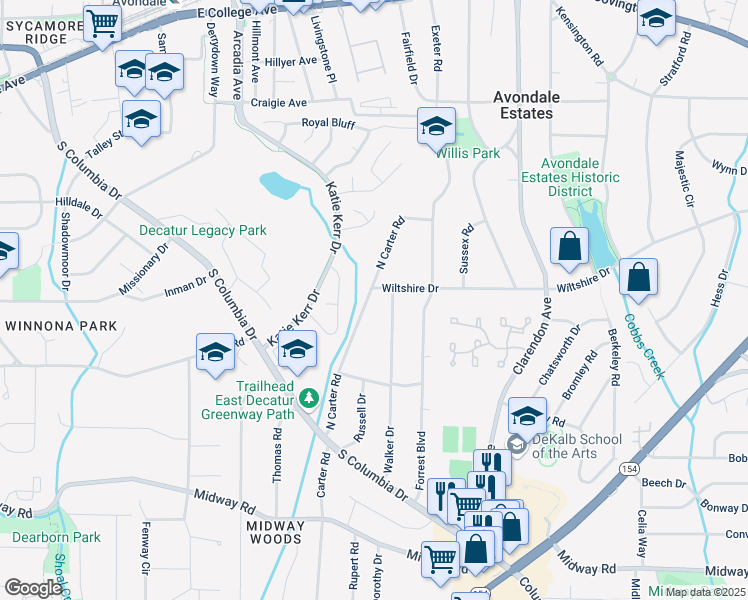 map of restaurants, bars, coffee shops, grocery stores, and more near 1050 North Carter Road in Decatur