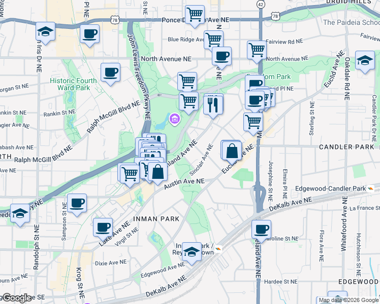 map of restaurants, bars, coffee shops, grocery stores, and more near 393 North Highland Avenue Northeast in Atlanta