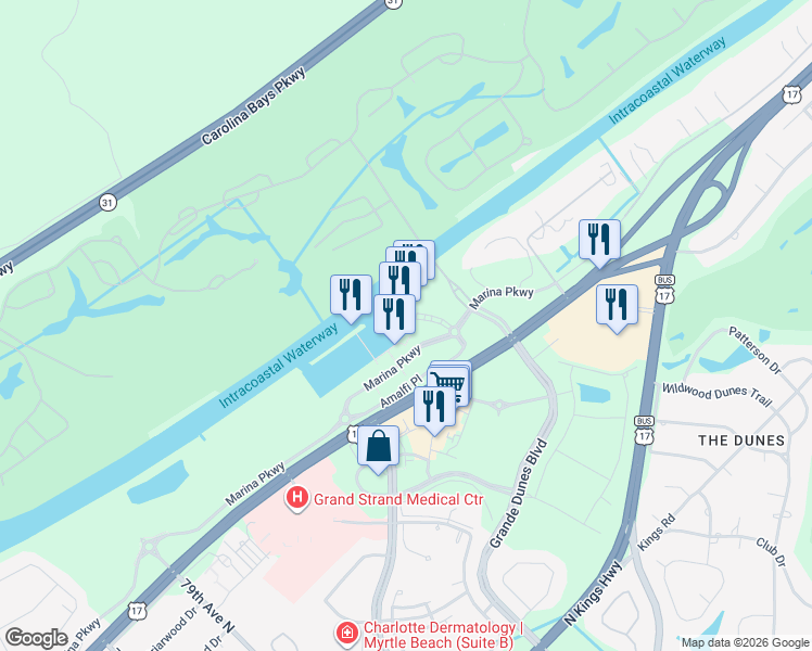 map of restaurants, bars, coffee shops, grocery stores, and more near 8121 Amalfi Place in Myrtle Beach