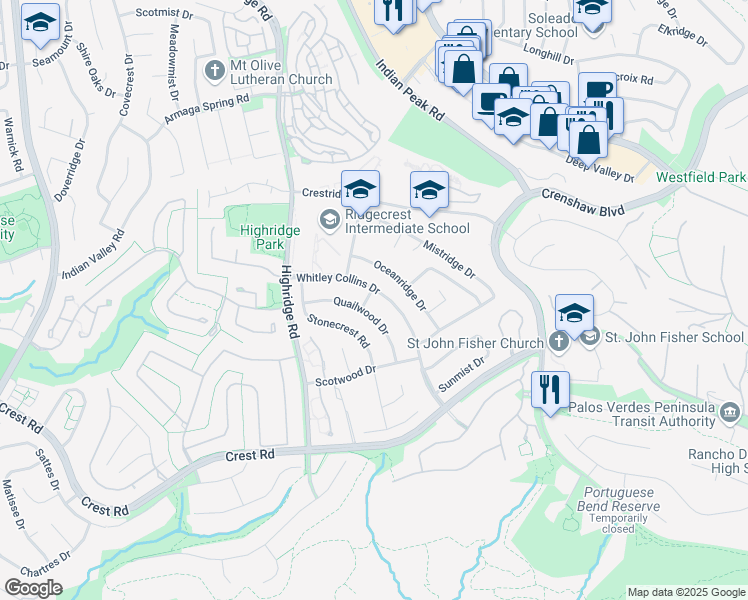 map of restaurants, bars, coffee shops, grocery stores, and more near 29328 Northbay Road in Rancho Palos Verdes