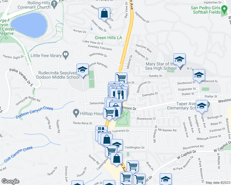 map of restaurants, bars, coffee shops, grocery stores, and more near 28122 South Western Avenue in Los Angeles