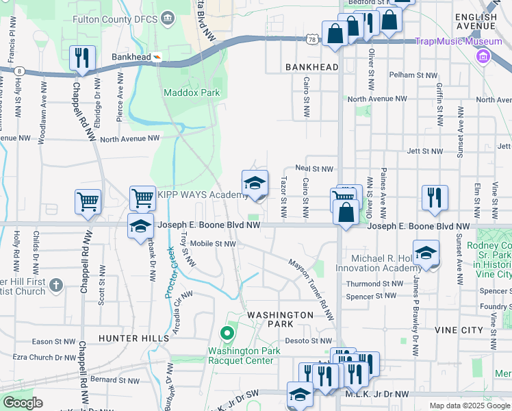 map of restaurants, bars, coffee shops, grocery stores, and more near 350 Temple Street Northwest in Atlanta