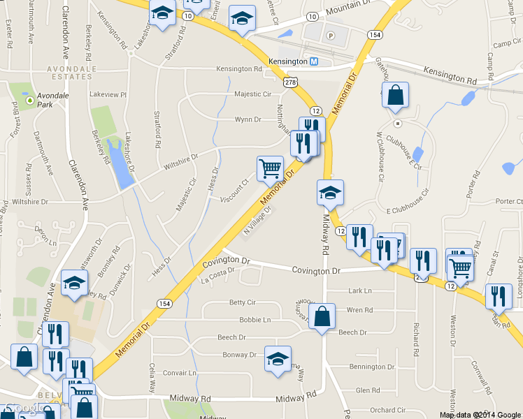 map of restaurants, bars, coffee shops, grocery stores, and more near 1061 North Village Drive in Decatur