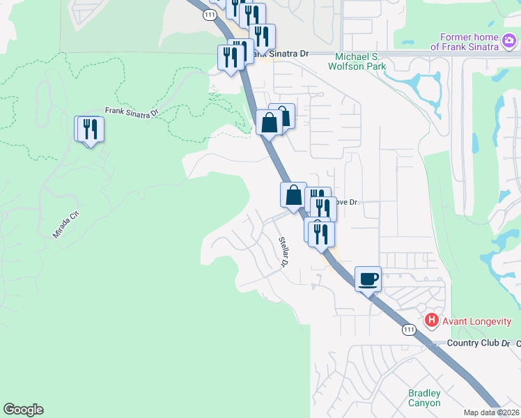 map of restaurants, bars, coffee shops, grocery stores, and more near 11 Vista Loma Drive in Rancho Mirage