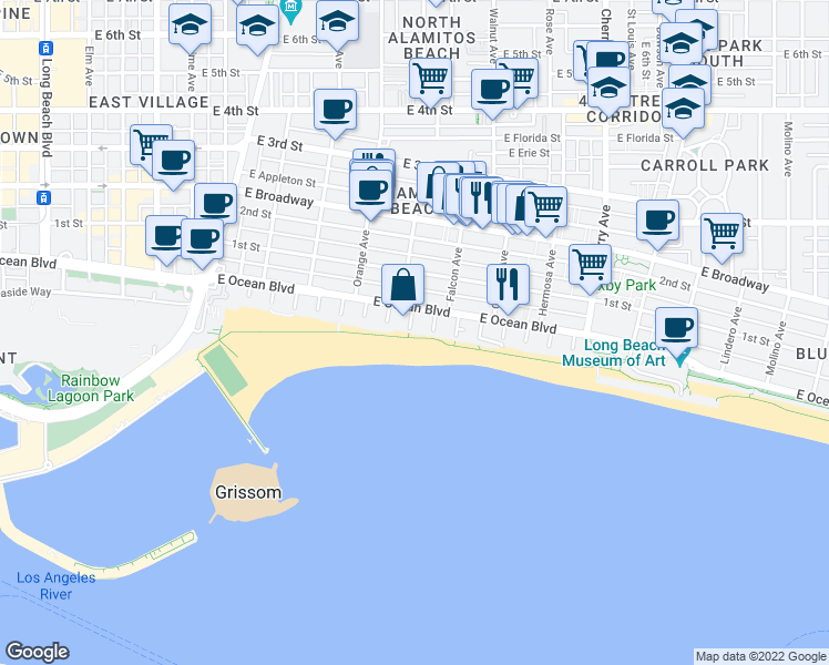 map of restaurants, bars, coffee shops, grocery stores, and more near 1400 East Ocean Boulevard in Long Beach