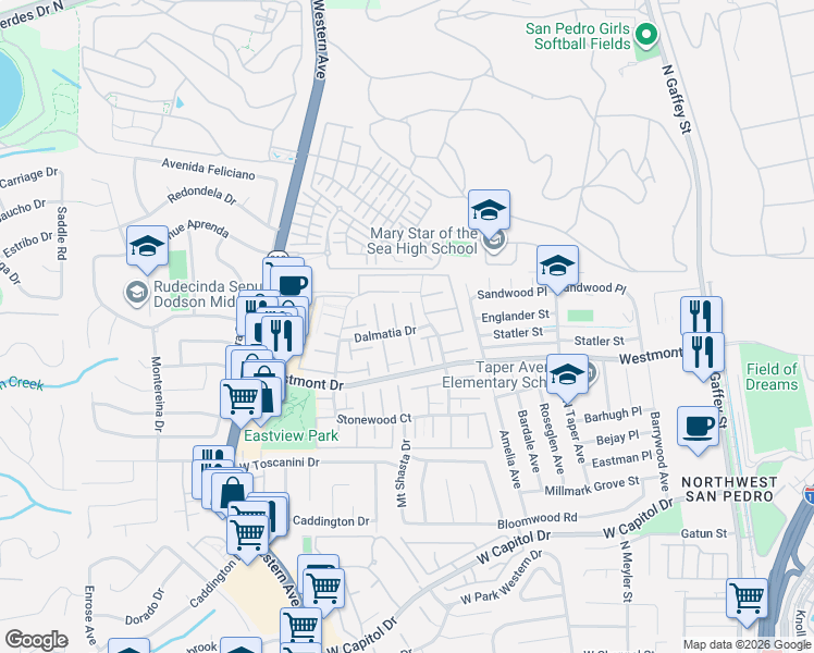 map of restaurants, bars, coffee shops, grocery stores, and more near 1403 Dalmatia Drive in Los Angeles