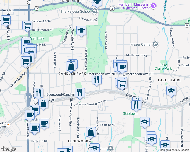 map of restaurants, bars, coffee shops, grocery stores, and more near 1517 McLendon Avenue Northeast in Atlanta