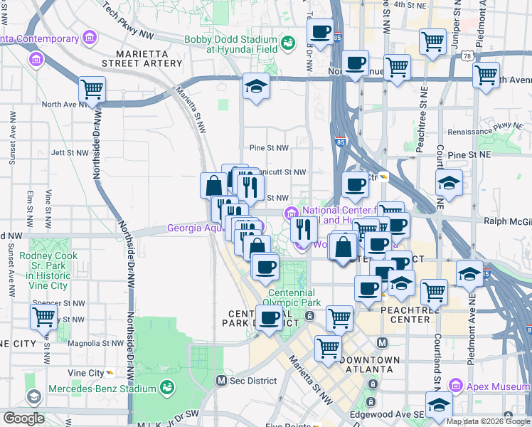 map of restaurants, bars, coffee shops, grocery stores, and more near Ivan Allen Junior Boulevard in Atlanta