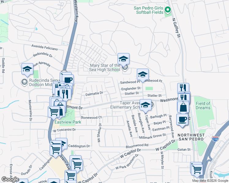 map of restaurants, bars, coffee shops, grocery stores, and more near 2074 Mount Shasta Drive in Los Angeles