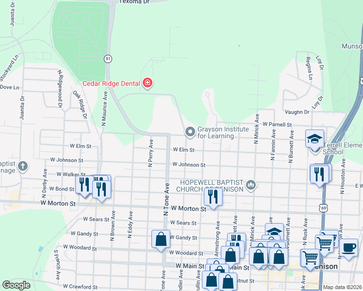 map of restaurants, bars, coffee shops, grocery stores, and more near 1000 Martin Luther King Street in Denison