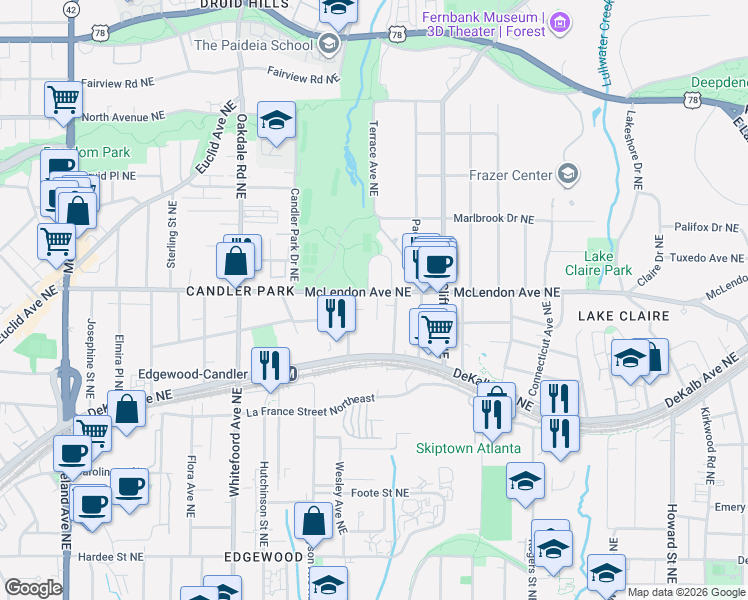map of restaurants, bars, coffee shops, grocery stores, and more near 1575 McLendon Avenue Northeast in Atlanta