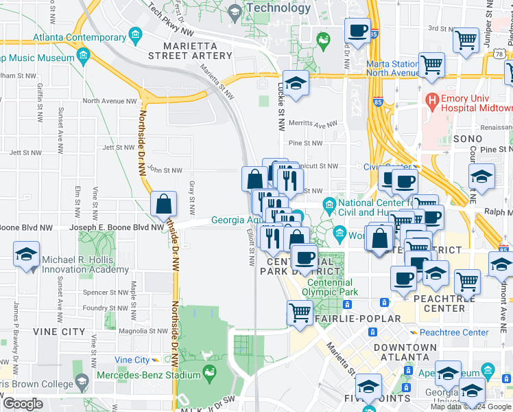 map of restaurants, bars, coffee shops, grocery stores, and more near 434 Marietta Street NorthWest in Atlanta