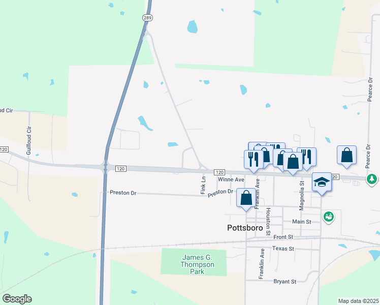 map of restaurants, bars, coffee shops, grocery stores, and more near 600 Texas 316 Spur in Pottsboro