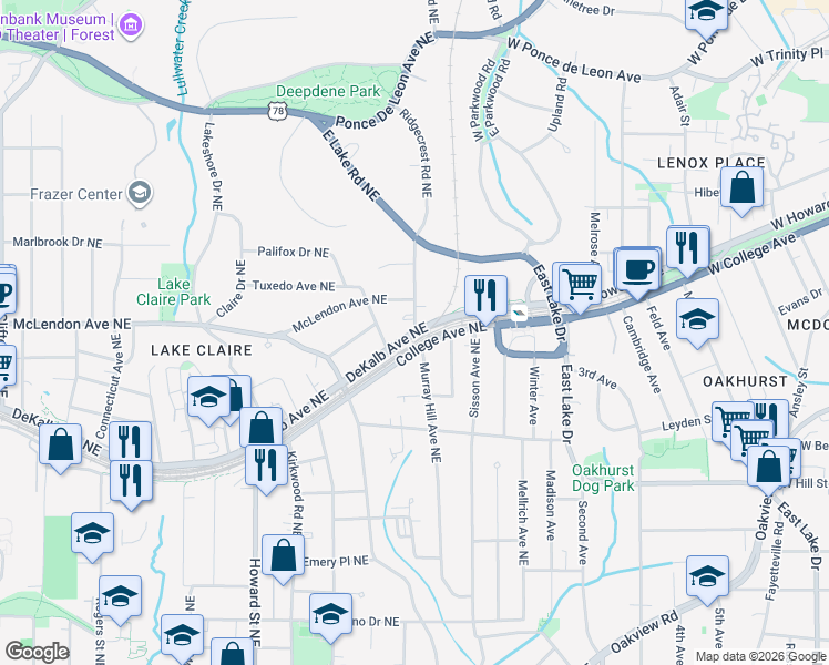 map of restaurants, bars, coffee shops, grocery stores, and more near 413 Ridgecrest Road Northeast in Atlanta