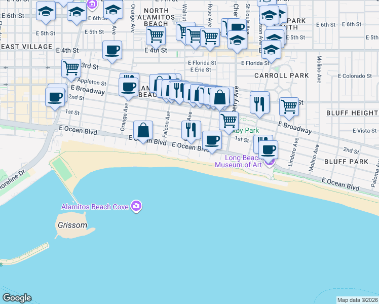 map of restaurants, bars, coffee shops, grocery stores, and more near South 12th Place in Long Beach