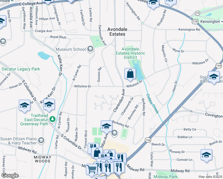 map of restaurants, bars, coffee shops, grocery stores, and more near 37 Wiltshire Drive in Avondale Estates
