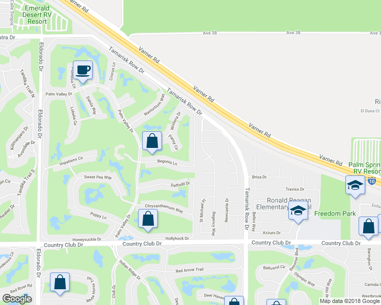 map of restaurants, bars, coffee shops, grocery stores, and more near 38969 Wisteria Drive in Palm Desert