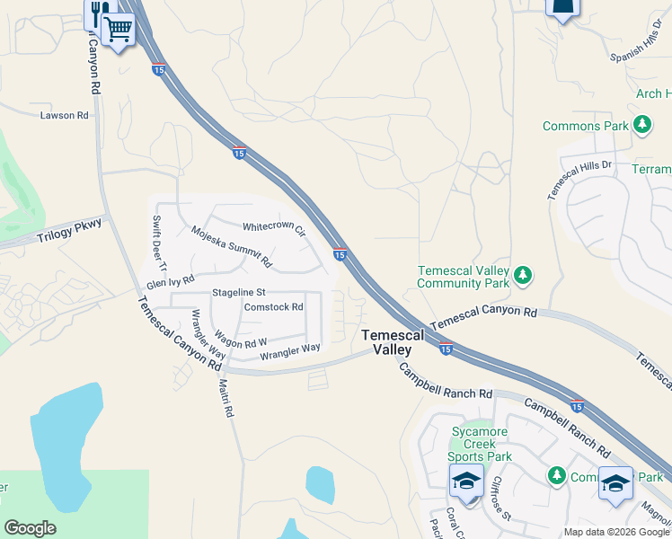map of restaurants, bars, coffee shops, grocery stores, and more near 10486 Whitecrown Circle in Corona