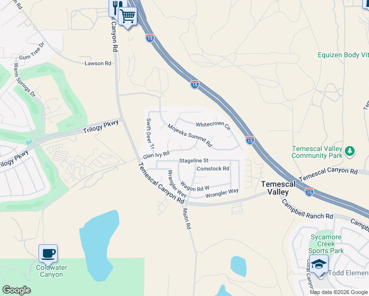 map of restaurants, bars, coffee shops, grocery stores, and more near 10229 Mojeska Summit Road in Corona