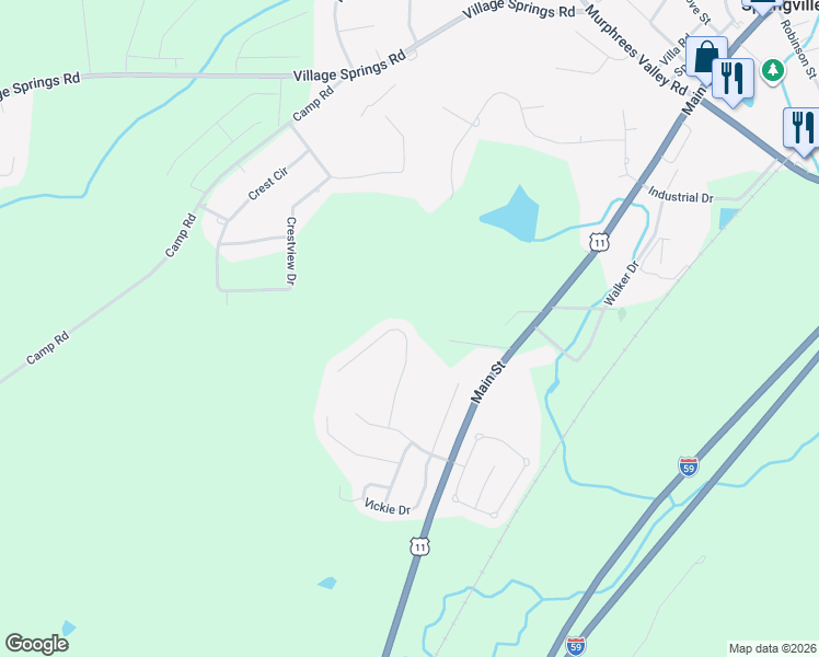 map of restaurants, bars, coffee shops, grocery stores, and more near 220 Pats Way in Springville