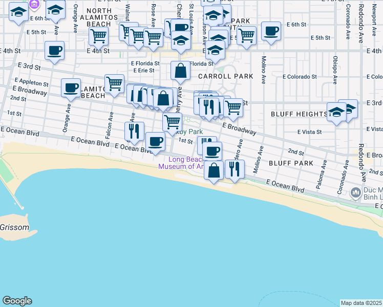 map of restaurants, bars, coffee shops, grocery stores, and more near 1 Junipero Avenue in Long Beach