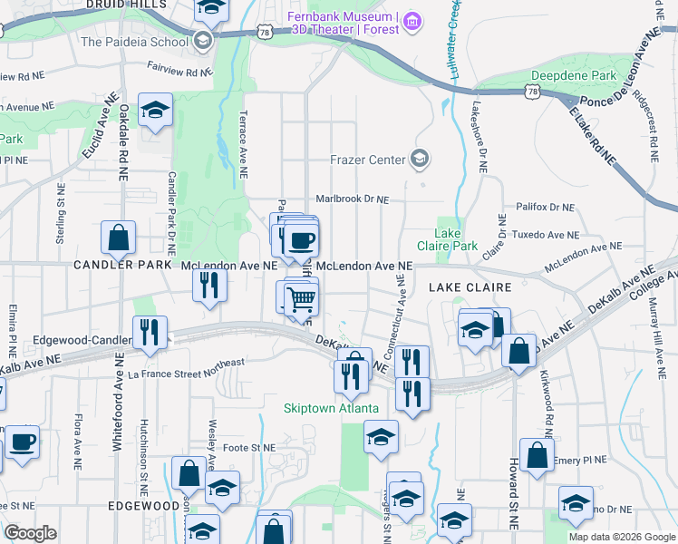 map of restaurants, bars, coffee shops, grocery stores, and more near 1712 McLendon Avenue Northeast in Atlanta