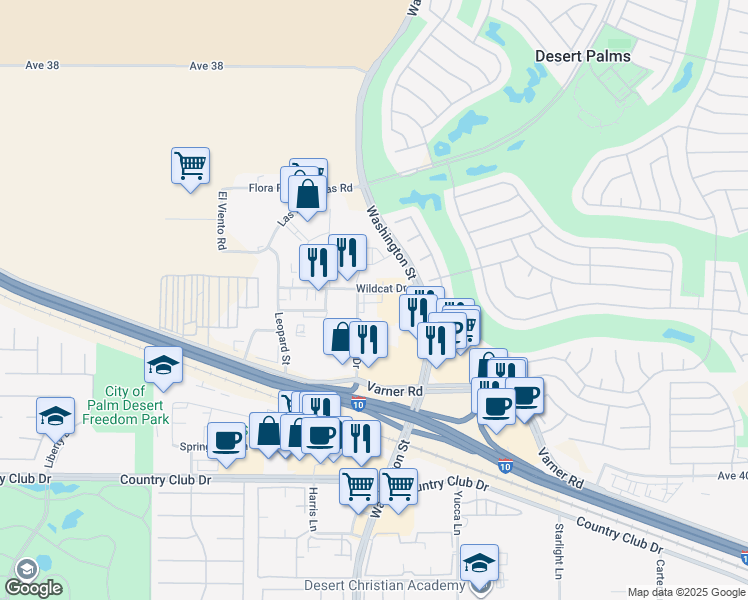 map of restaurants, bars, coffee shops, grocery stores, and more near 78005 Wildcat Drive in Palm Desert