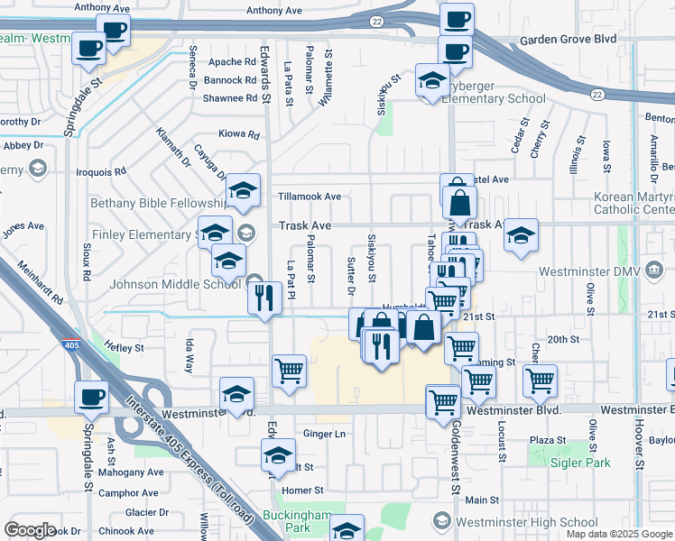 map of restaurants, bars, coffee shops, grocery stores, and more near 13571 Sutter Drive in Westminster
