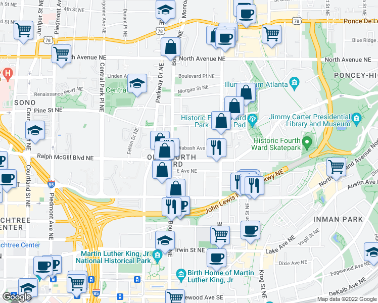 map of restaurants, bars, coffee shops, grocery stores, and more near 510 Wabash Avenue Northeast in Atlanta