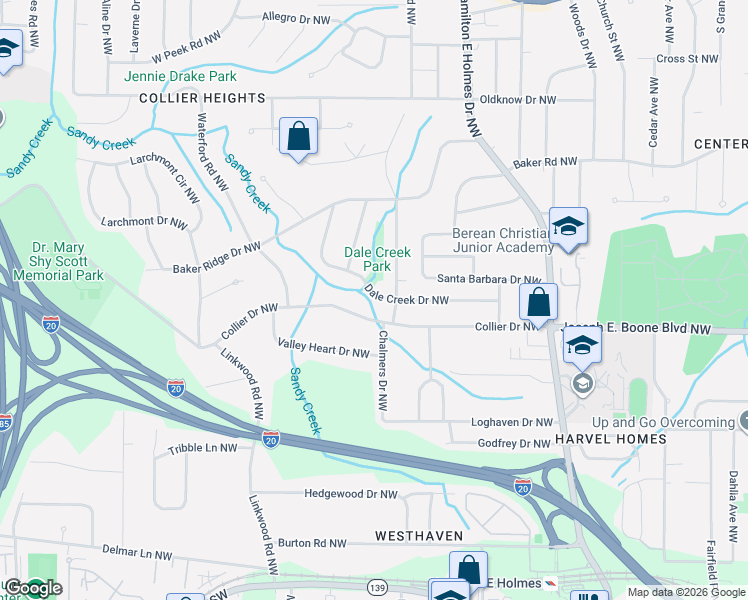 map of restaurants, bars, coffee shops, grocery stores, and more near 362 Collier Ridge Drive Northwest in Atlanta