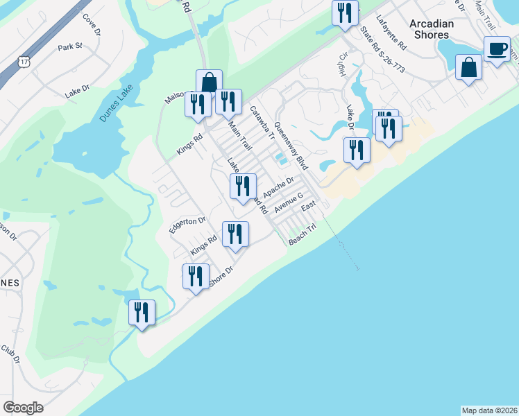 map of restaurants, bars, coffee shops, grocery stores, and more near 466 Apache Drive in Myrtle Beach