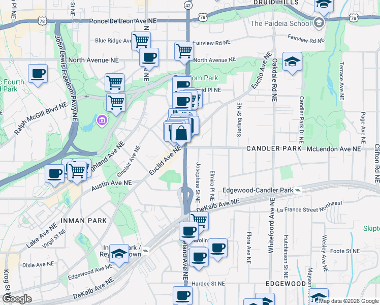map of restaurants, bars, coffee shops, grocery stores, and more near in Atlanta