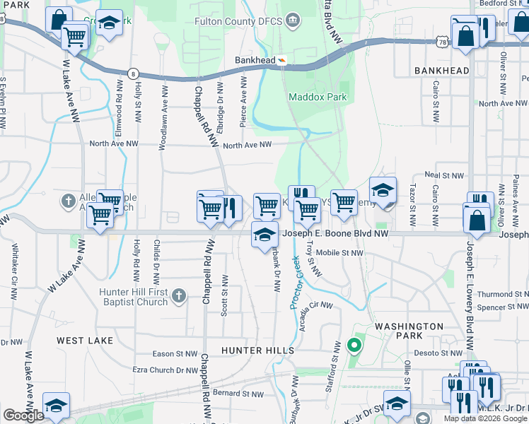 map of restaurants, bars, coffee shops, grocery stores, and more near 1345 Mayson Turner Road Northwest in Atlanta