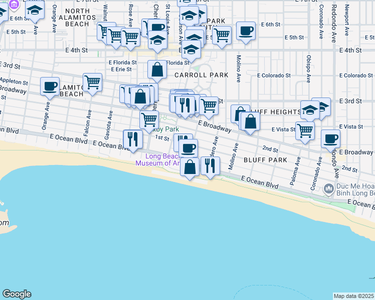 map of restaurants, bars, coffee shops, grocery stores, and more near 2128 East 1st Street in Long Beach