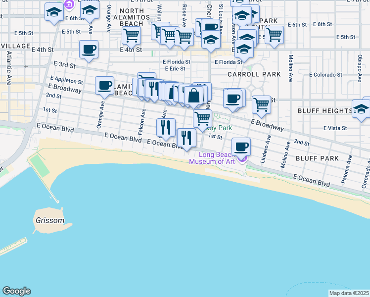 map of restaurants, bars, coffee shops, grocery stores, and more near in Long Beach