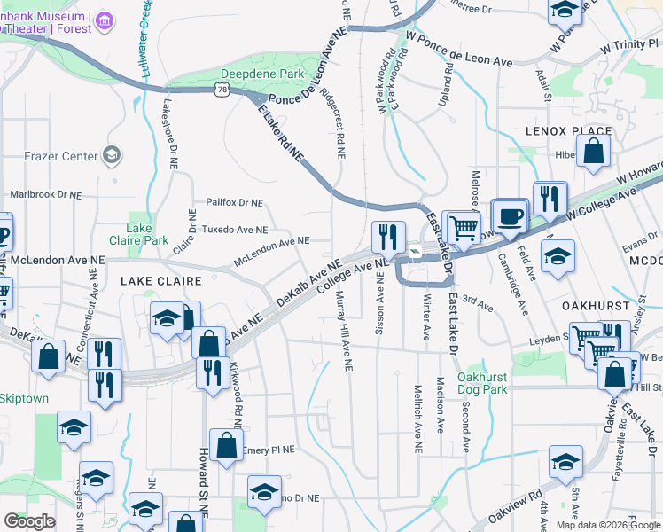 map of restaurants, bars, coffee shops, grocery stores, and more near 413 Ridgecrest Road Northeast in Atlanta