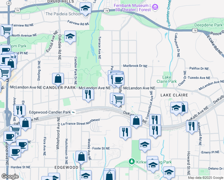 map of restaurants, bars, coffee shops, grocery stores, and more near 1620 McLendon Avenue Northeast in Atlanta