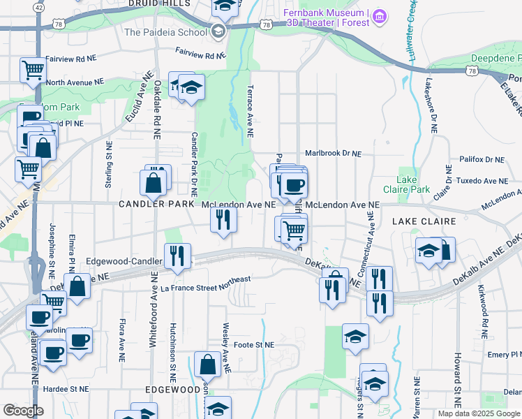 map of restaurants, bars, coffee shops, grocery stores, and more near 395 Callan Circle Northeast in Atlanta