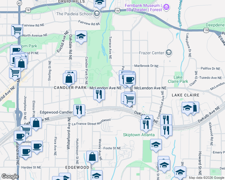 map of restaurants, bars, coffee shops, grocery stores, and more near 395 Callan Circle Northeast in Atlanta